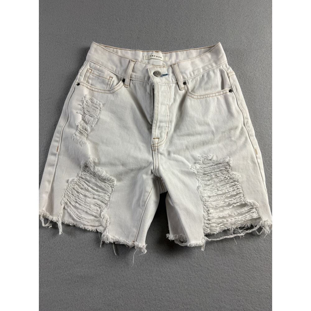 PacSun High Rise Boy Jean Shorts Denim Distressed with Fraying Sz 24